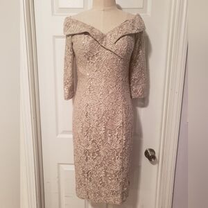 Alex Evenings Lace Off-Shoulder Dress in Beige